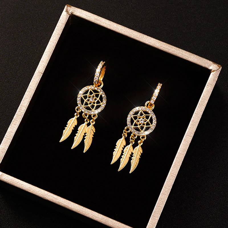 Women’s Fashion Jewelry Gold Feather Dream Catcher Boho Drop Earrings 1-172
