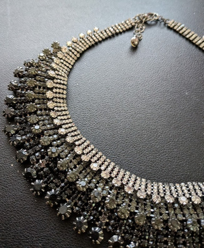 Vtg Style Black Rhinestone Choker Necklace Statement Prom Costume 14″ Adj