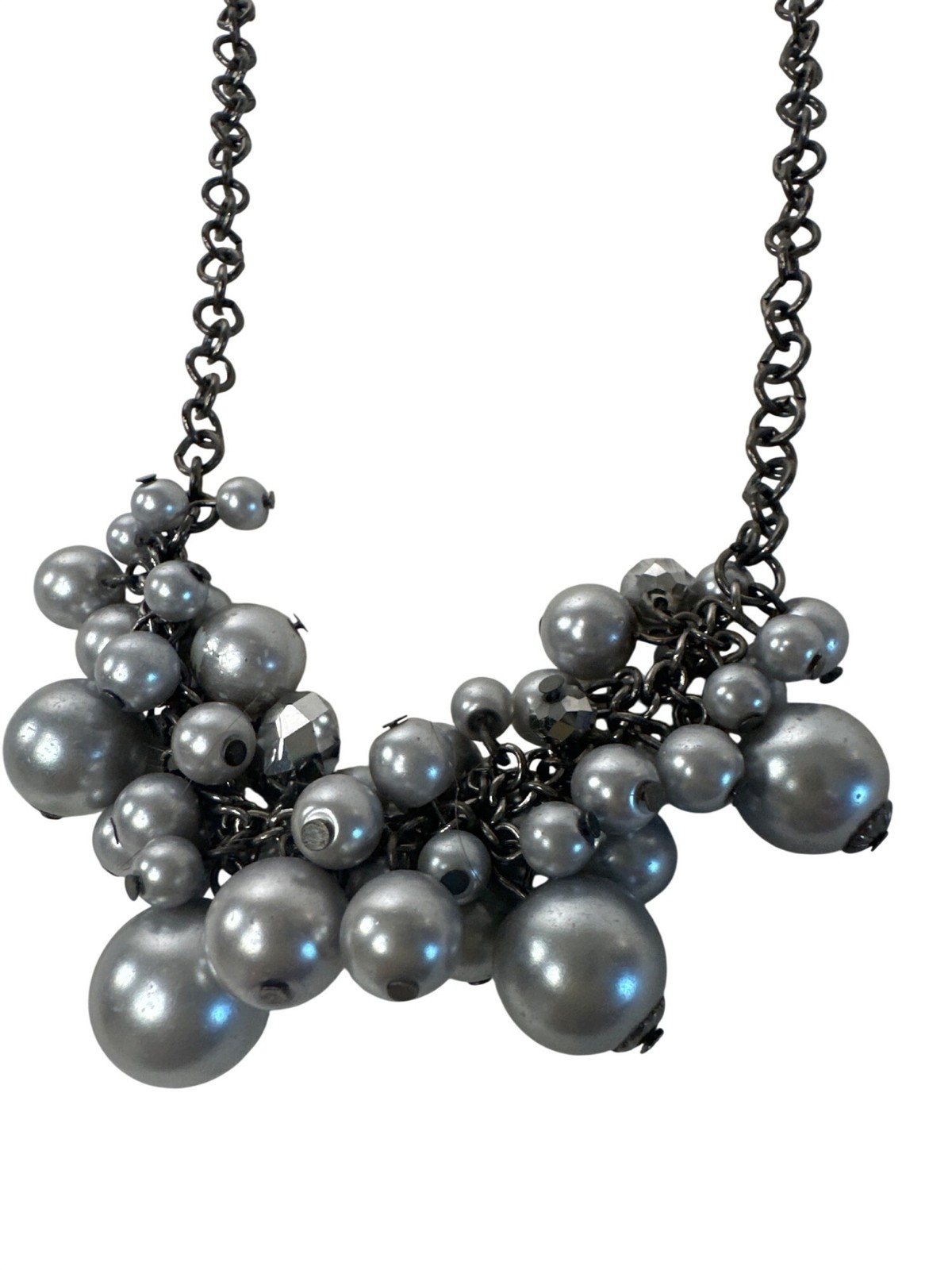 Gray Pearl Necklace Cluster Statement Gunmetal Chain 23″ Formal & Casual Wear