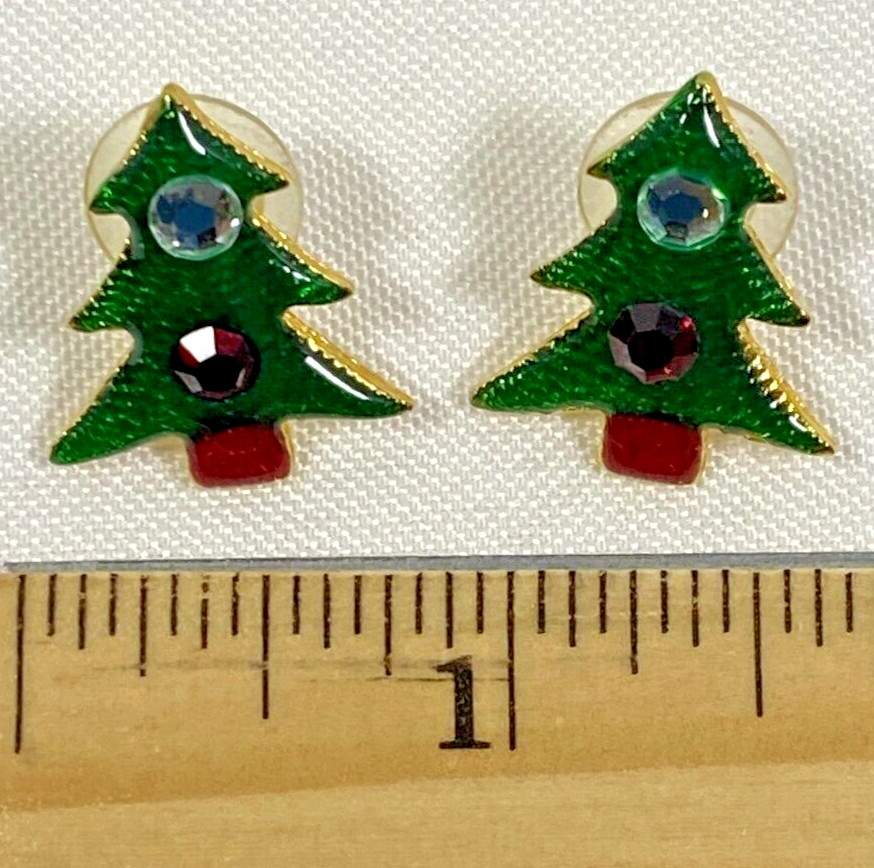 Green and Red Christmas Tree Stud Earrings with Red and Clear Stones Gold Tone