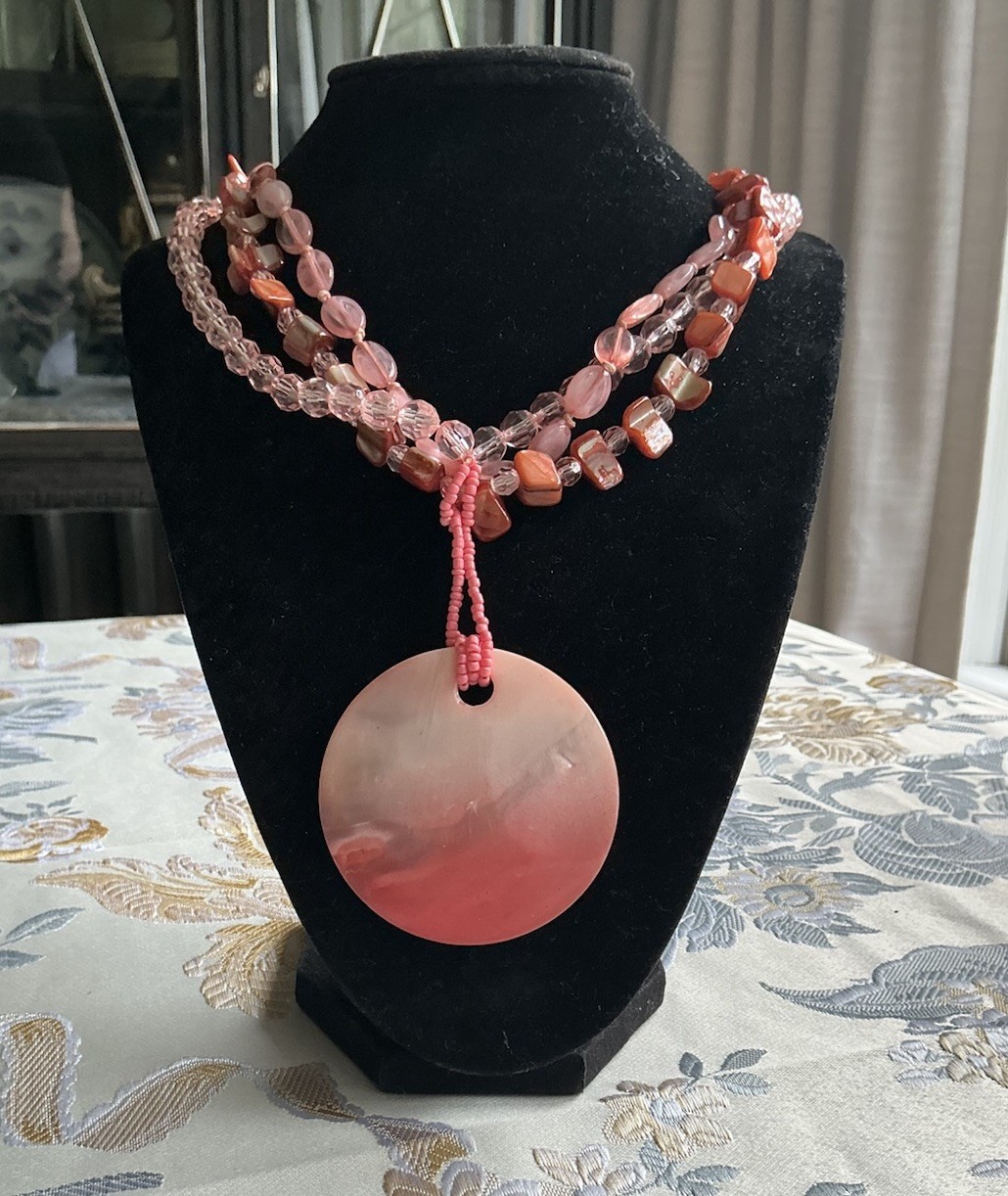 Pink Dyed Shell Pendant And Multistrand Beaded Necklace 17.5”-20.5”
