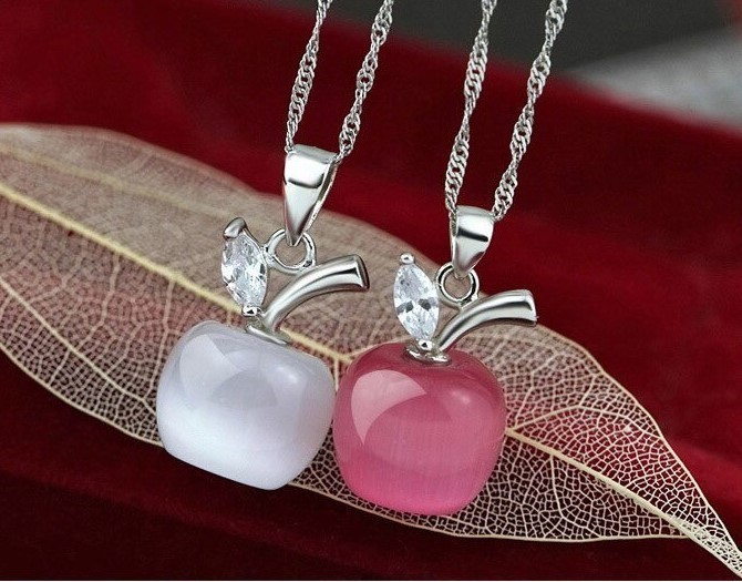 Apple Crystal Pendant Necklace Silver Chain Teacher Gift Fruit Charm Jewelry