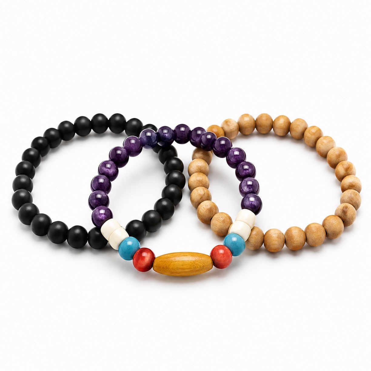 Boho Wood Bead Bracelet Set 3pc Stretch Stack Unisex Men Women Beach Yoga