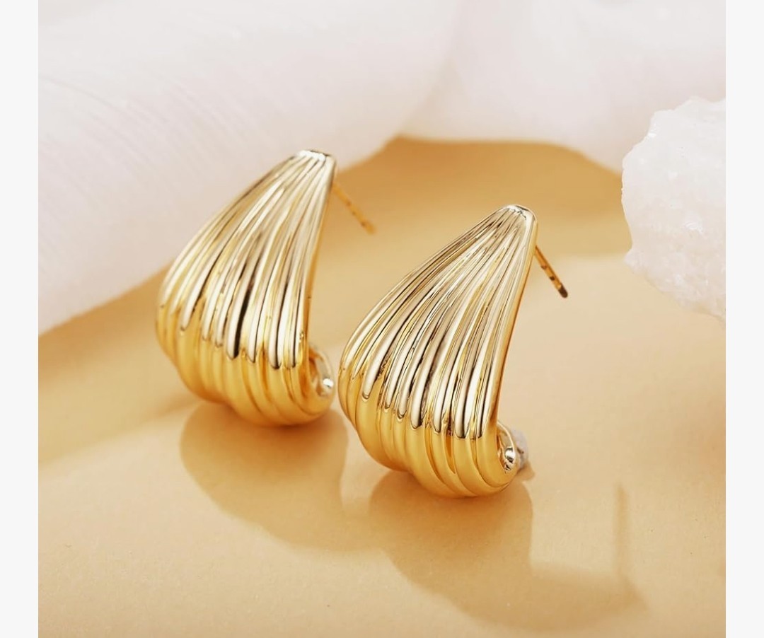Earrings Gold Ribbed Teardrop C-Shaped J-Shaped Waterfall Texture Copper