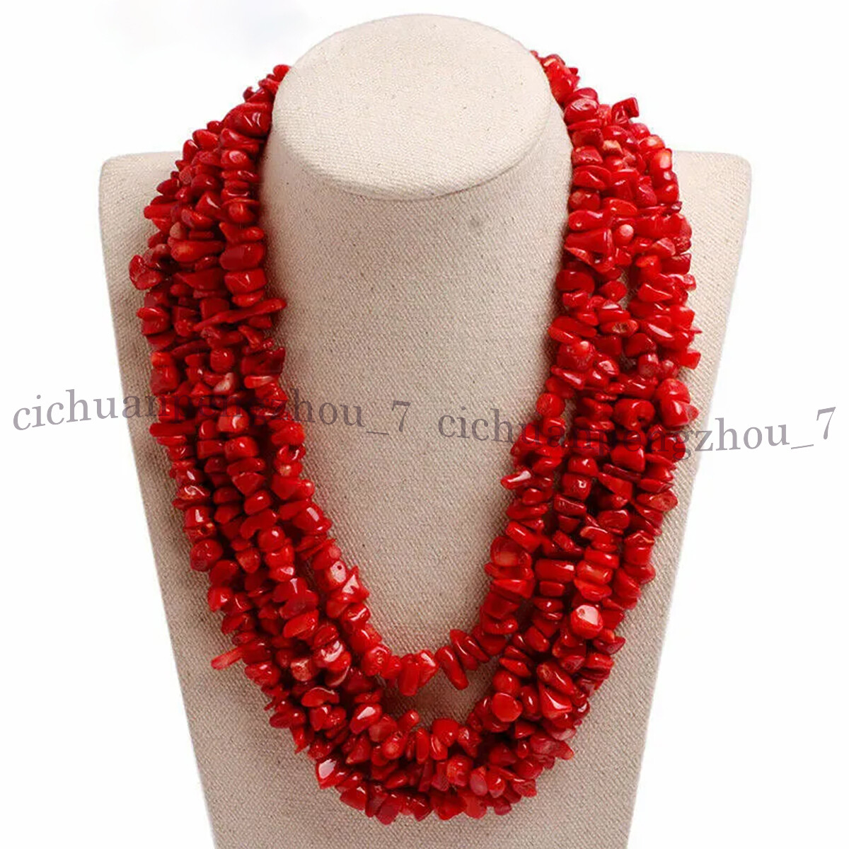 4 Strands Natural Red Coral Gemstone Chip Gravel Beads Necklace 17-20 Inches