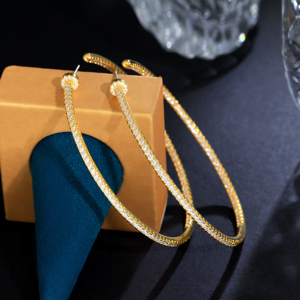 Oversize Silver Plated Cubic Zircon Big Thin Round Loop Hoop Earrings for Women
