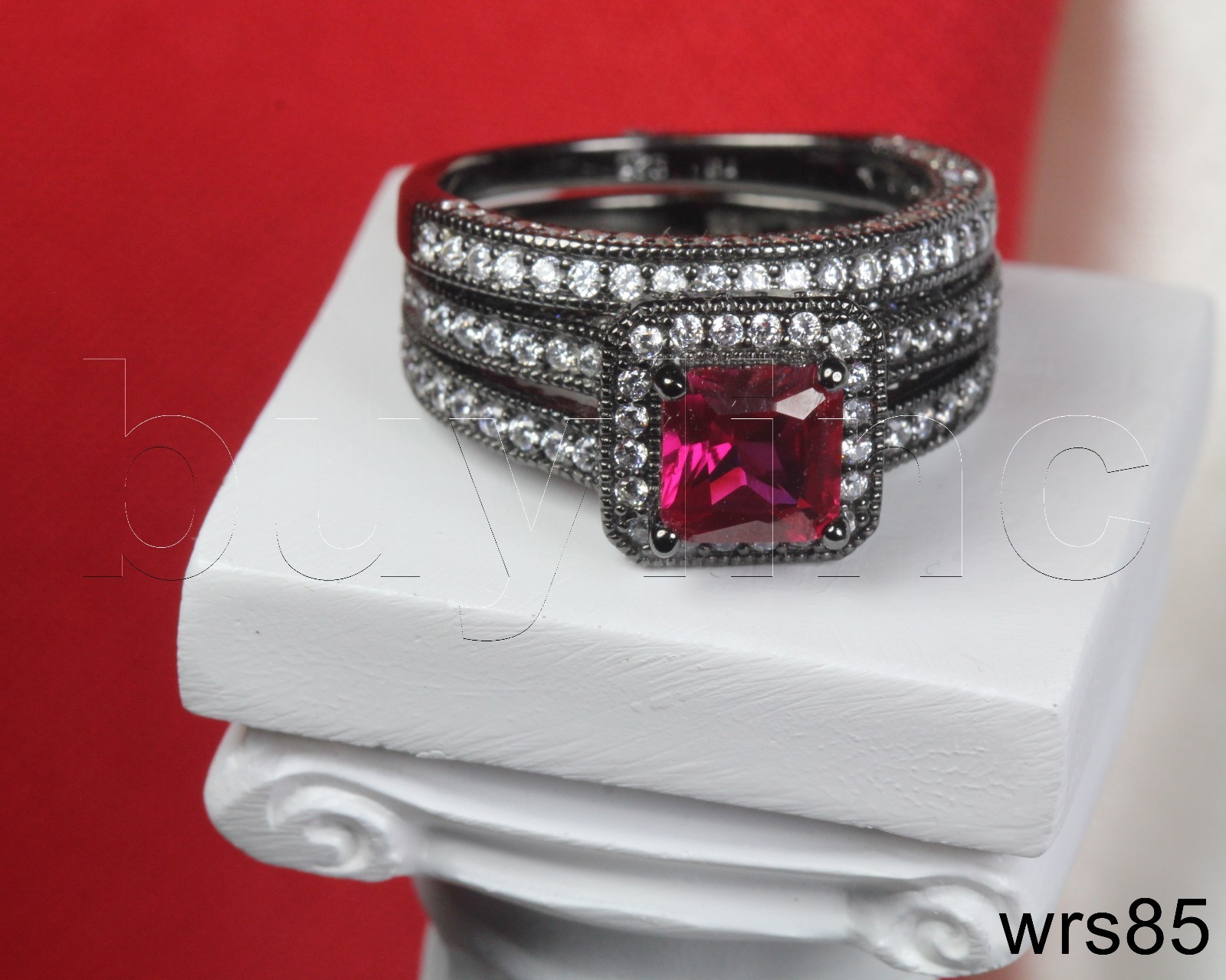 Pink CZ On 925 Black Rhodium Nickel Free Engagement Ring Wedding Ring Set