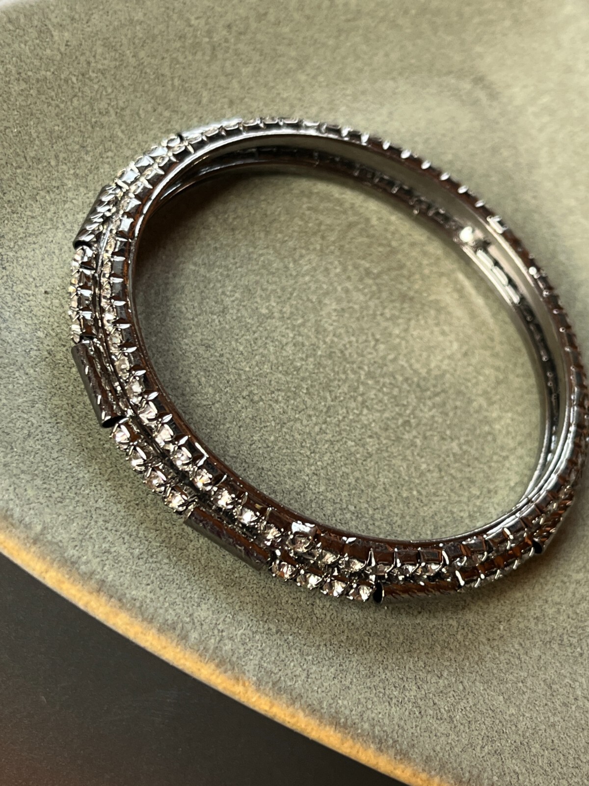 Clear Rhinestone Encrusted & Oxidized Silvertone Bangle Bracelet – 2.25 inches a