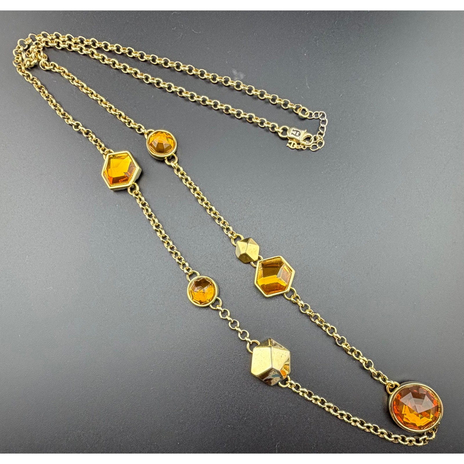 Etienne Aigner Station Necklace 35in Gold Tone Amber Colored Geometric READ
