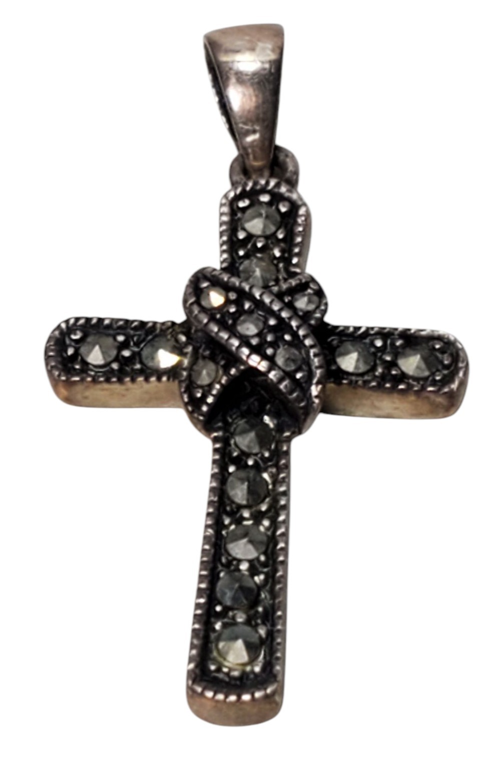 925 Sterling Silver Marcasite Vintage Religious Cross Pendant W/ Stones 2.53g