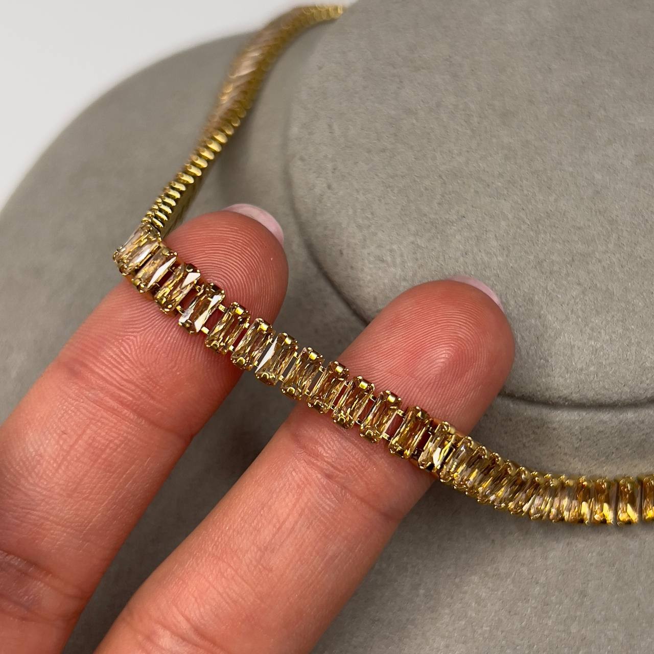 Gold Baguette Tennis Necklace Champagne Crystal Stainless Steel Choker Necklace