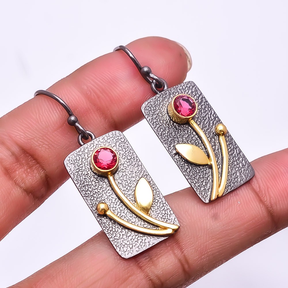 Pink Tourmaline Gemstone 925 Silver Black&Gold Plated Earring 1.56″ E_270_12