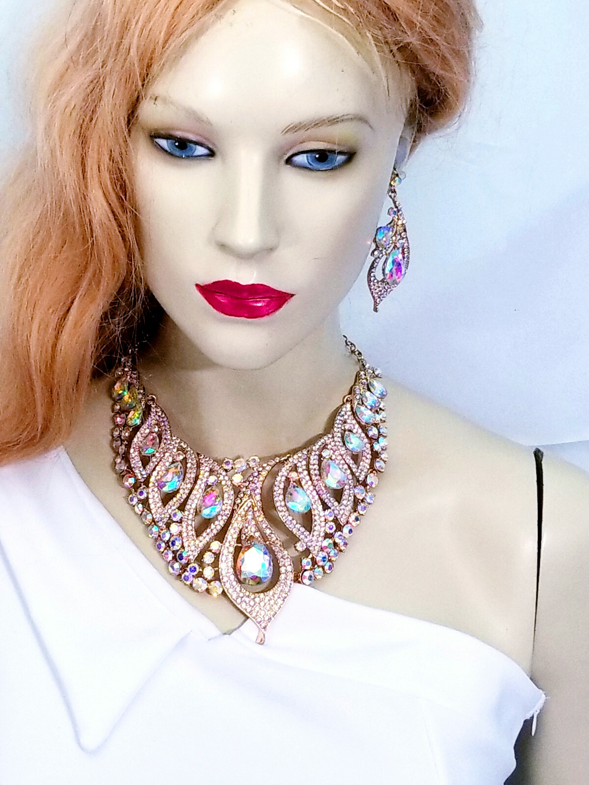 AB Statement Necklace Earring Crystal Rhinestone Bridal Pageant Prom Jewelry