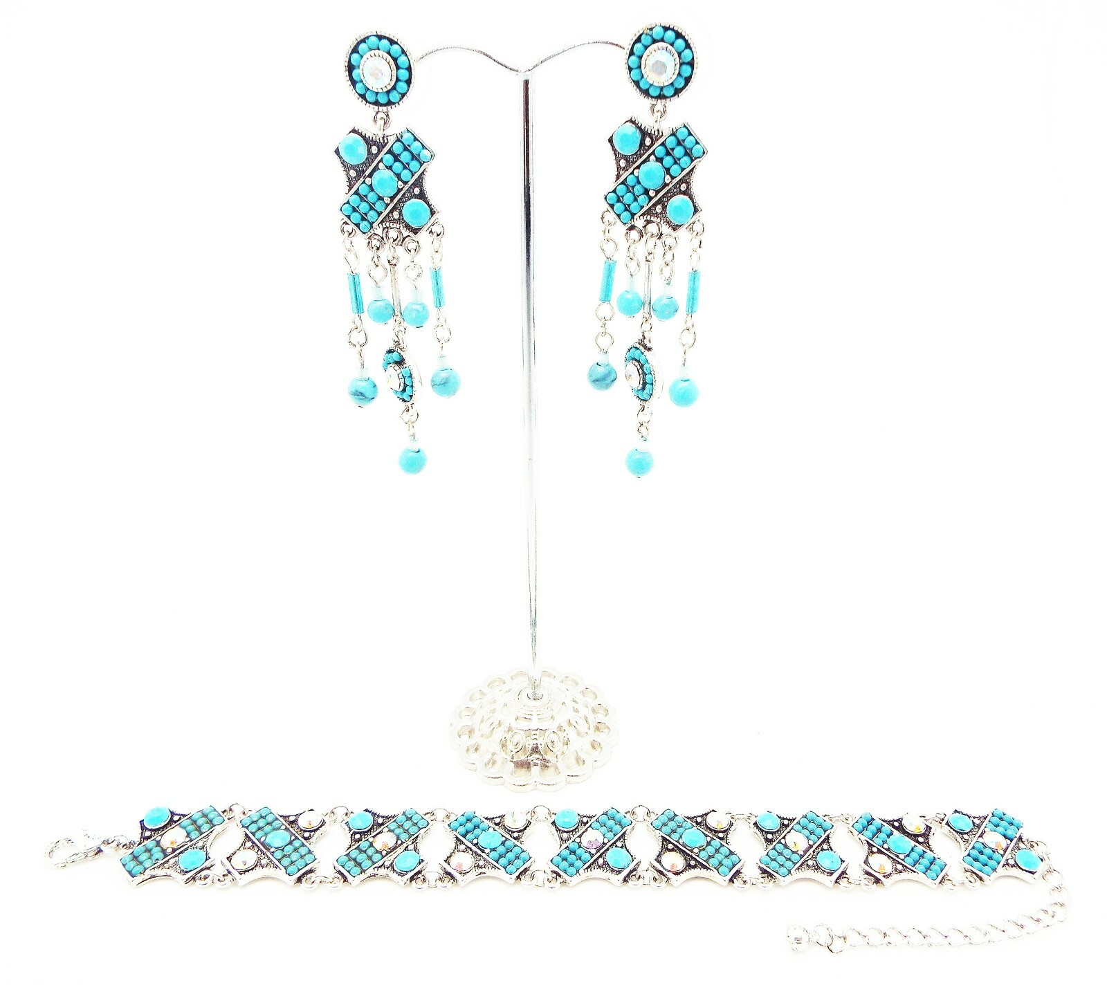 DESIGNER BLUE FAUX TURQUOISE CRYSTAL 6.5 in to 8.5 in BRACELET 2.75 in EARRINGS