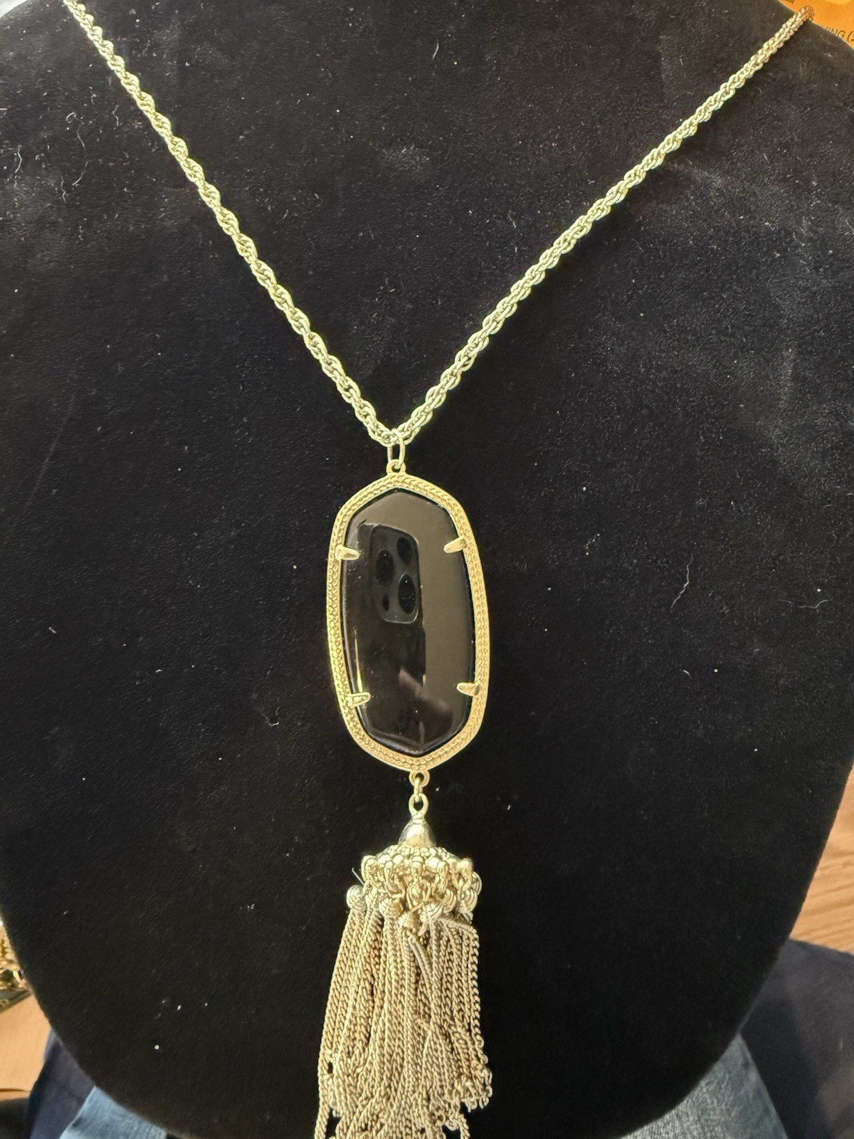 Kendra Scott Rayne Tassel Necklace Black Stone Gold Tone Long Statement