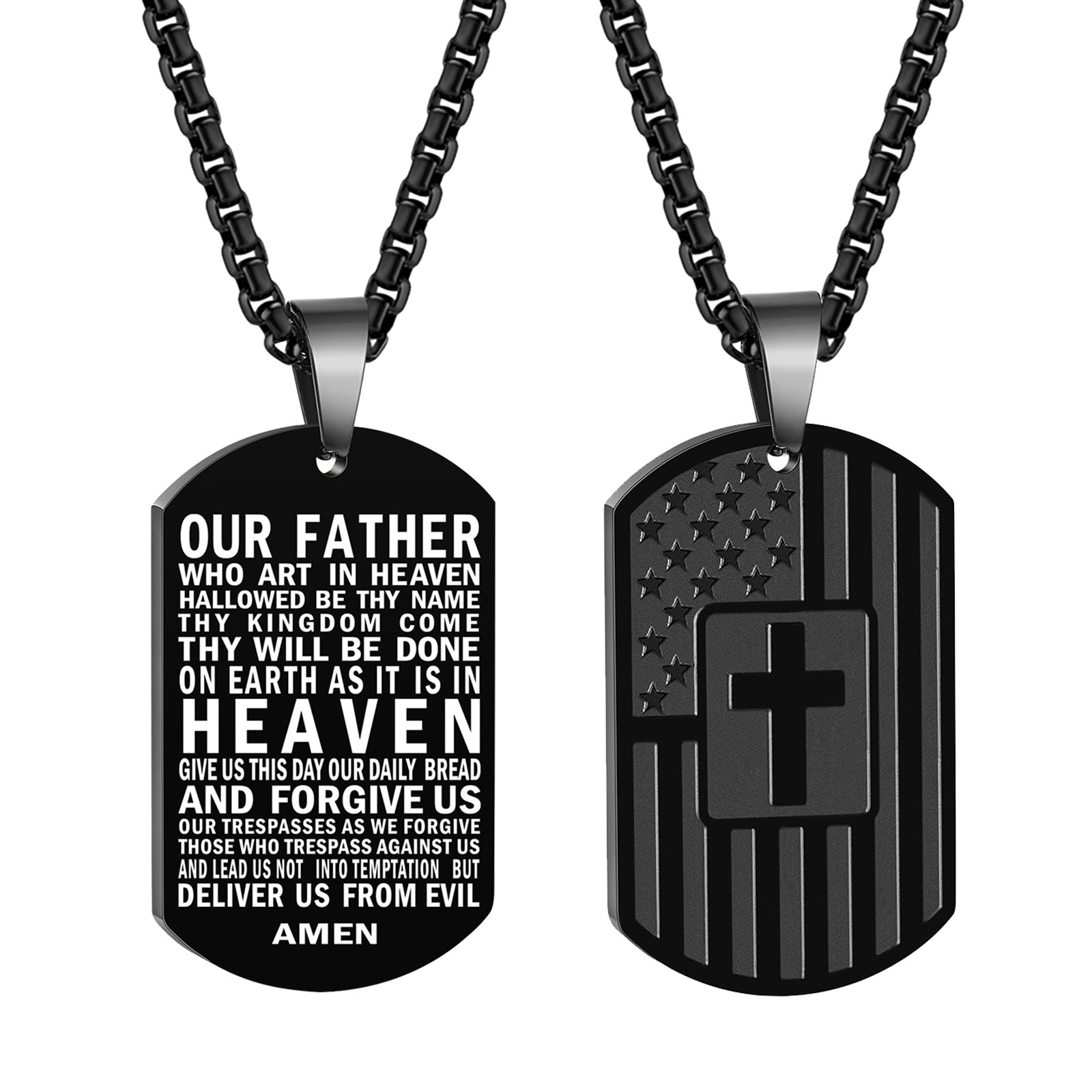 Men Boys American Flag Bible Verse Pendant Dog Tag Cross Inspirational Necklace
