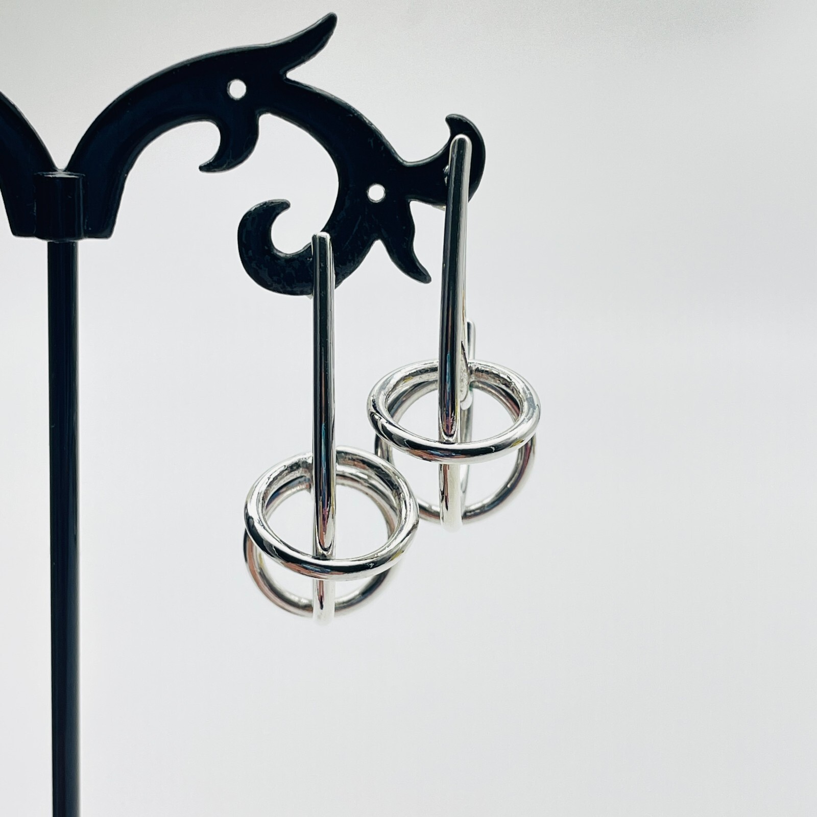 Caged Curl Pierced Earrings Silver Tone Shrimp Modernist Abstract Artsy Boho
