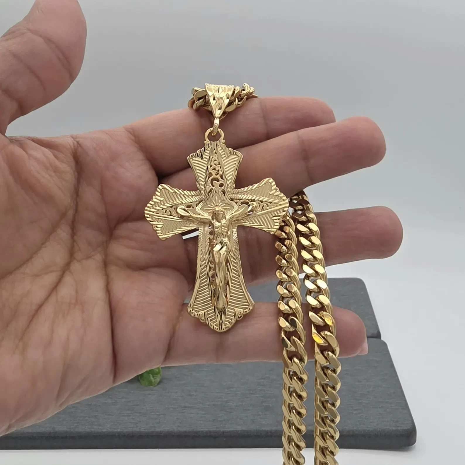 Large Ornate Crucifix Necklace, 7mm Cuban Chain, 14k Heavy Plated, Unisex