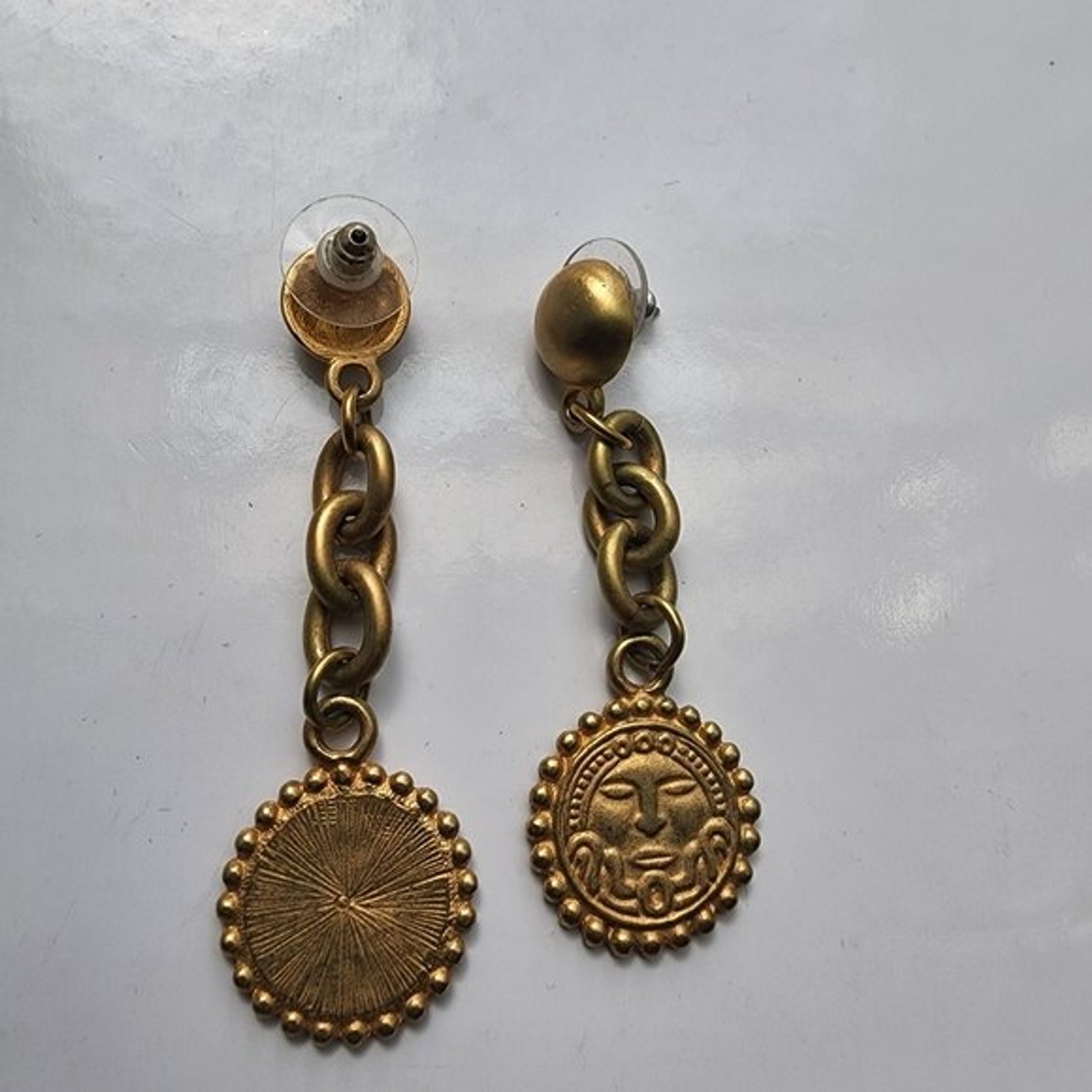 Vintage Antique gold Sun face figural tribal chain earrings
