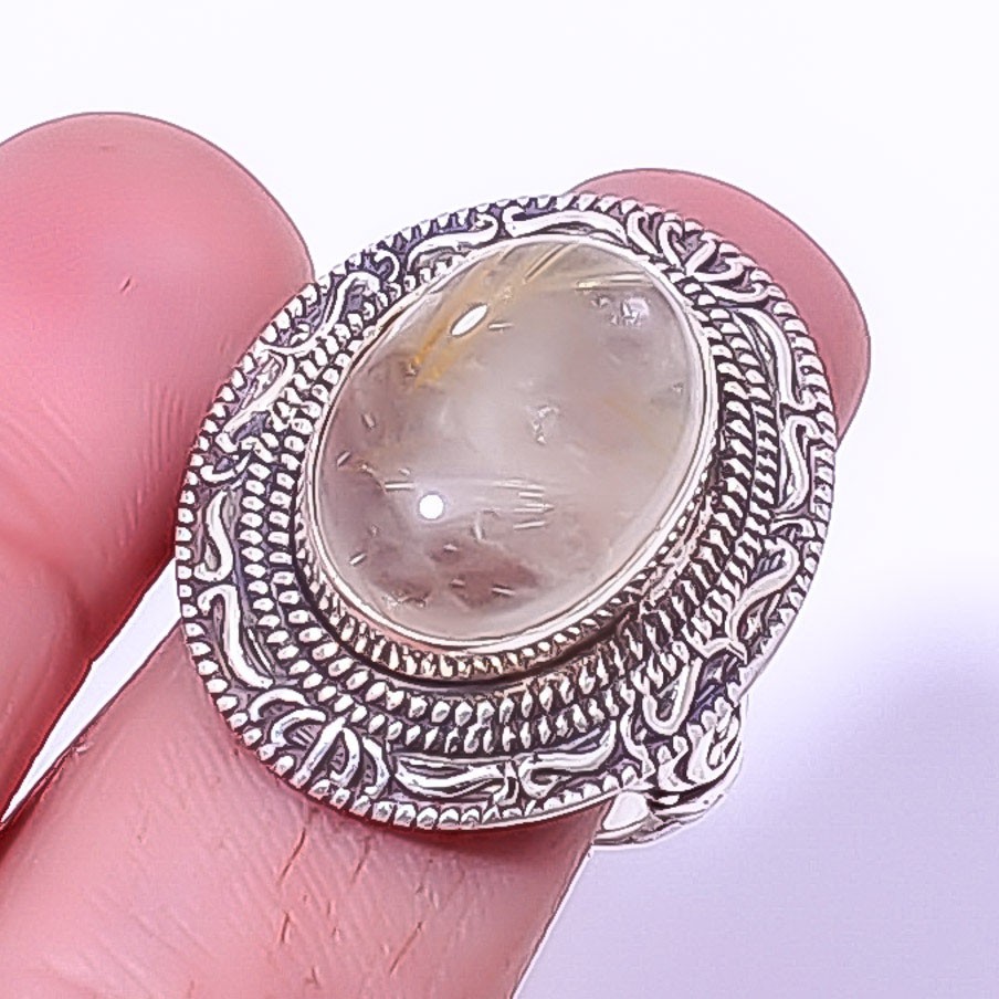 Golden Rutilated Quartz – Bahia 925 Silver Plated Bali Ring s.9 W3174