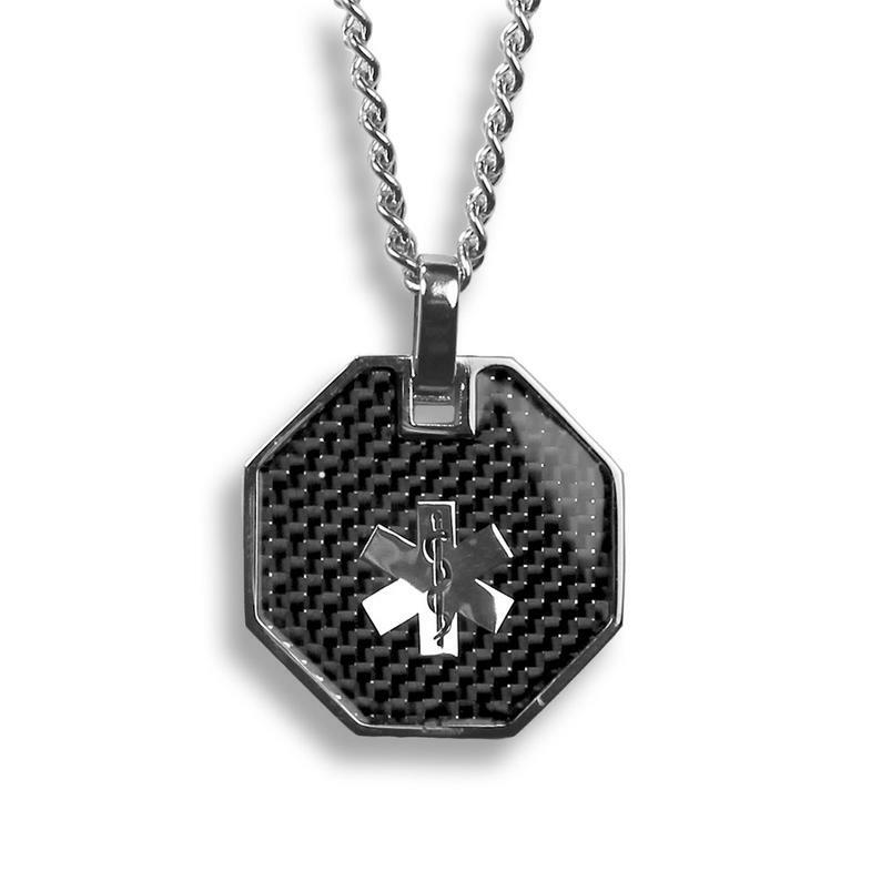 Medical Alert ID Pendant Necklace Custom Engrave Stainless Steel Gray 27in Chain
