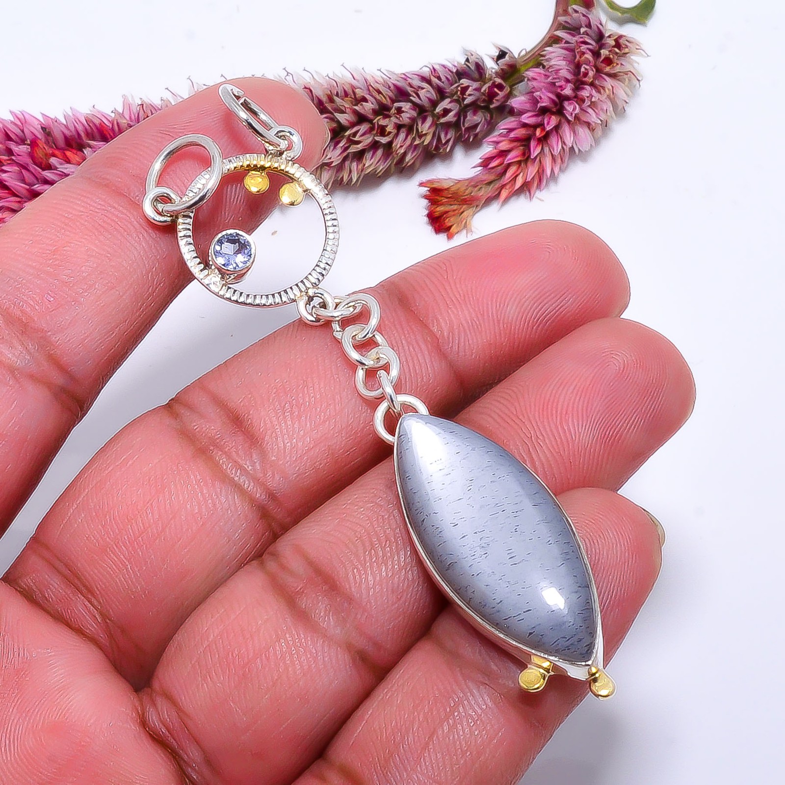 Gray Moonstone – Sri Lanka 925 Sterling Silver Two Tone Pendant 2.93″ P103711147
