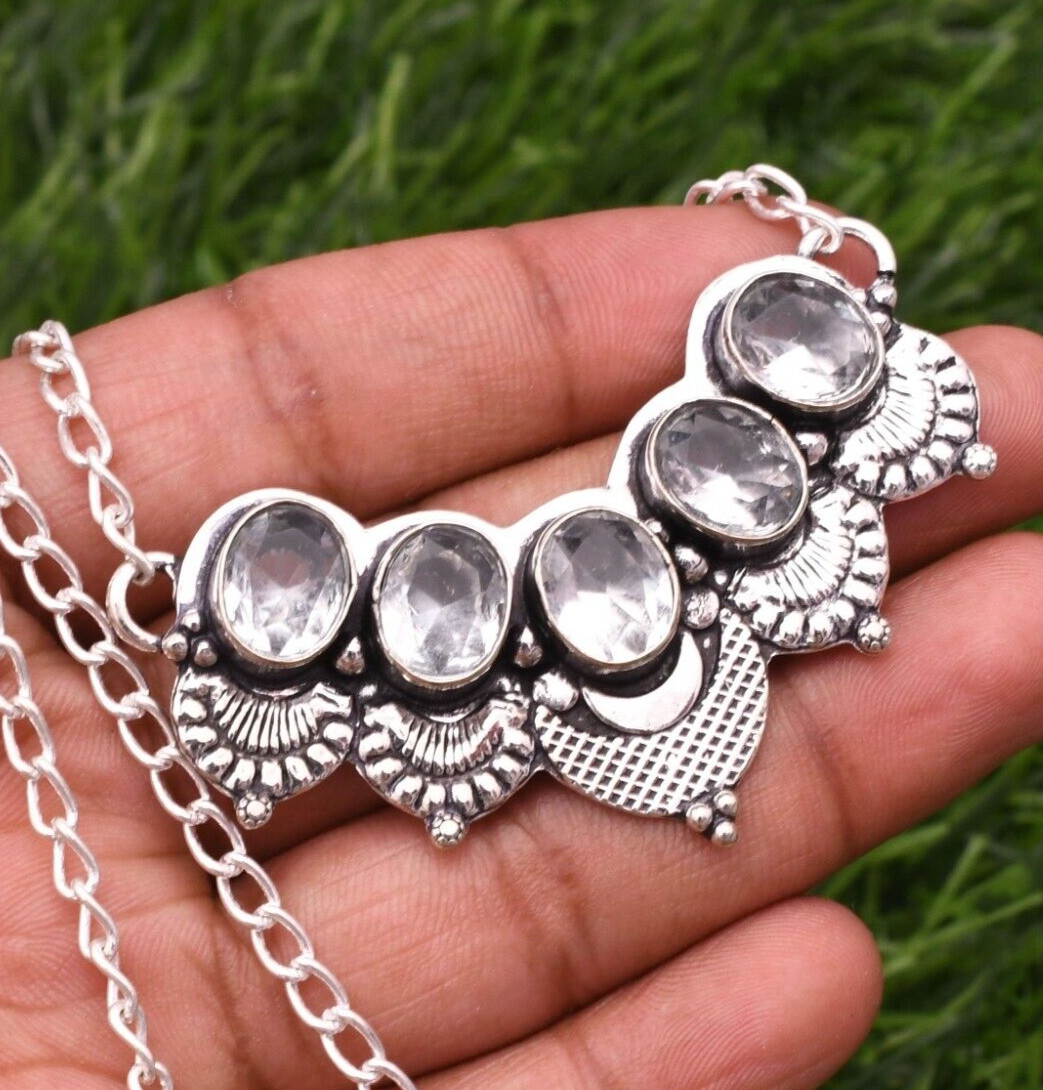 White Topaz Gemstone 925 Sterling Silver Handmade Jewelry Necklace 17-18″