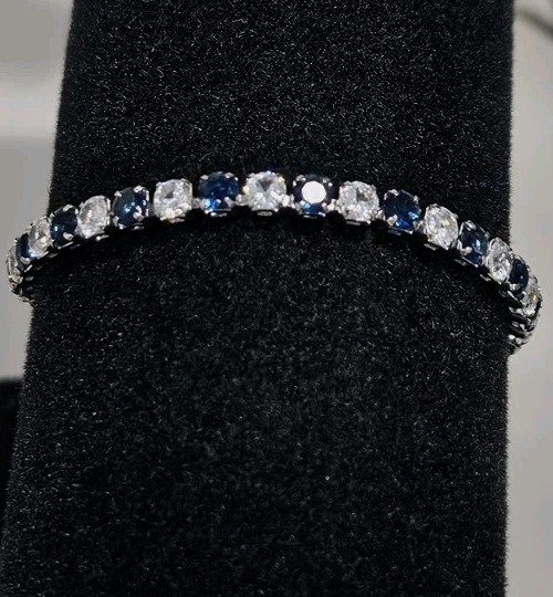 Italian Design Silver 7 Inch Tennis Bracelet with Blue/White Moissanite Gems
