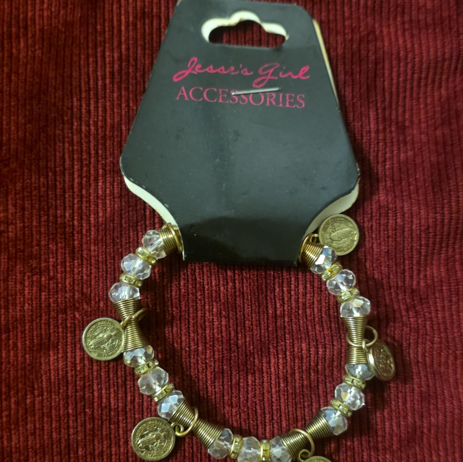 Jessie’s Girl Gold Tone Clear Crystal Beaded Charm Bracelet w/ Dangle Charms