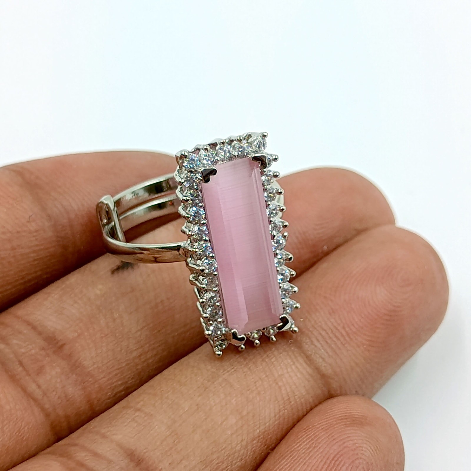 Dainty Pink Chalcedony & CZ Ring Adjustable Size White Plated Elegant Gift