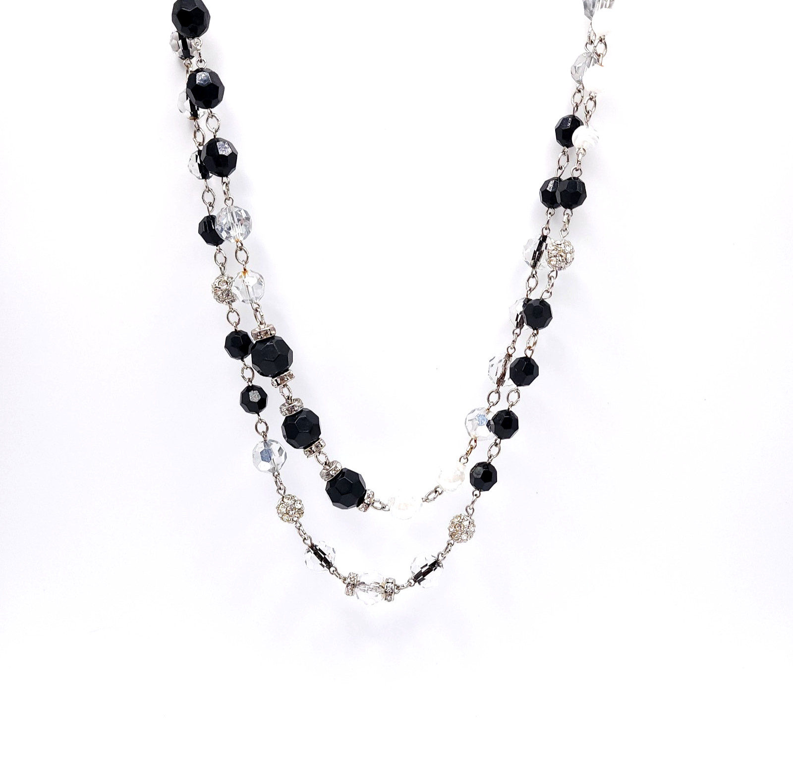 Black White Clear Beaded Necklace Double Strand Crystal Rhinestone 21in