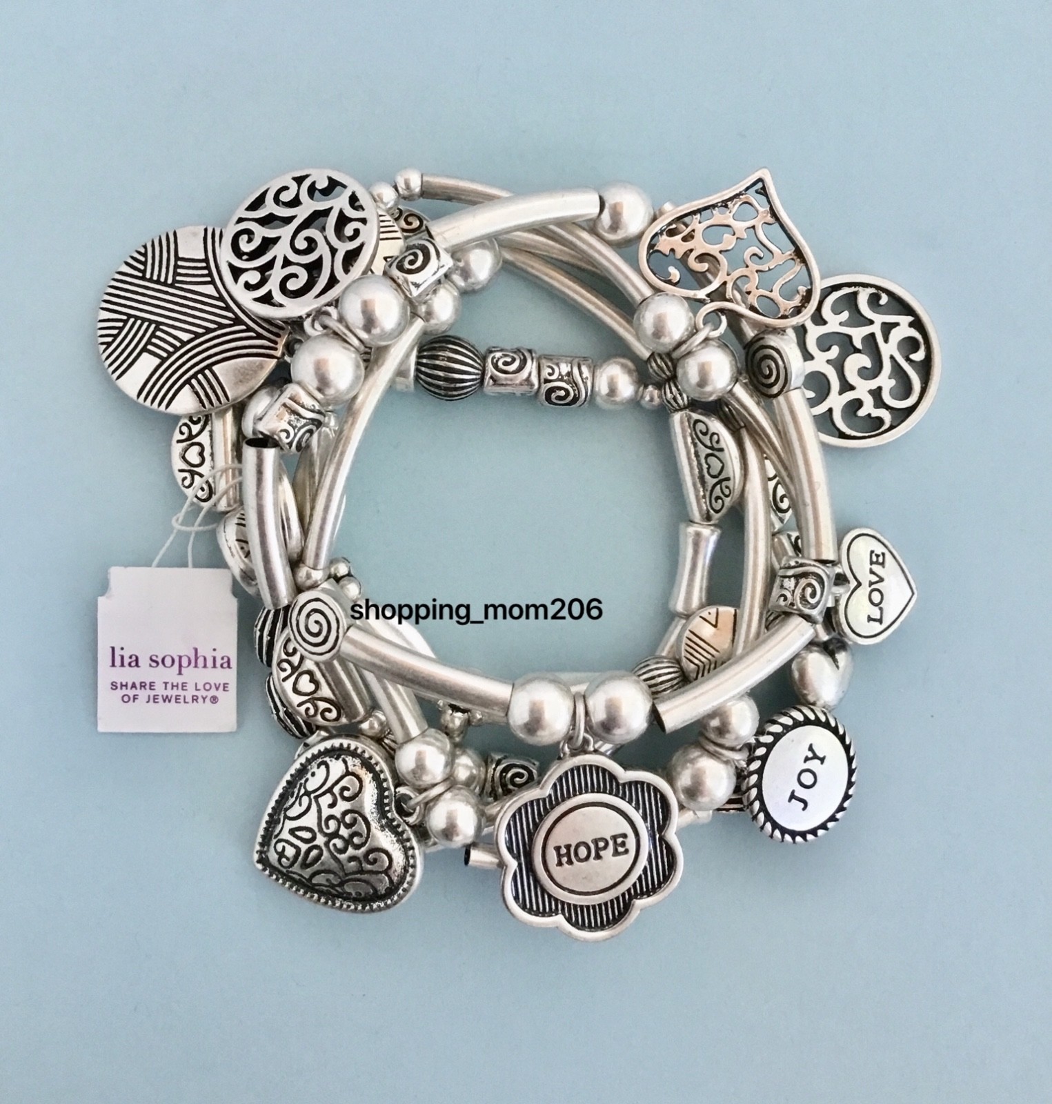 Lia Sophia “Menagerie” Matte Silver Tone w/Charms Stretch Bracelet Set
