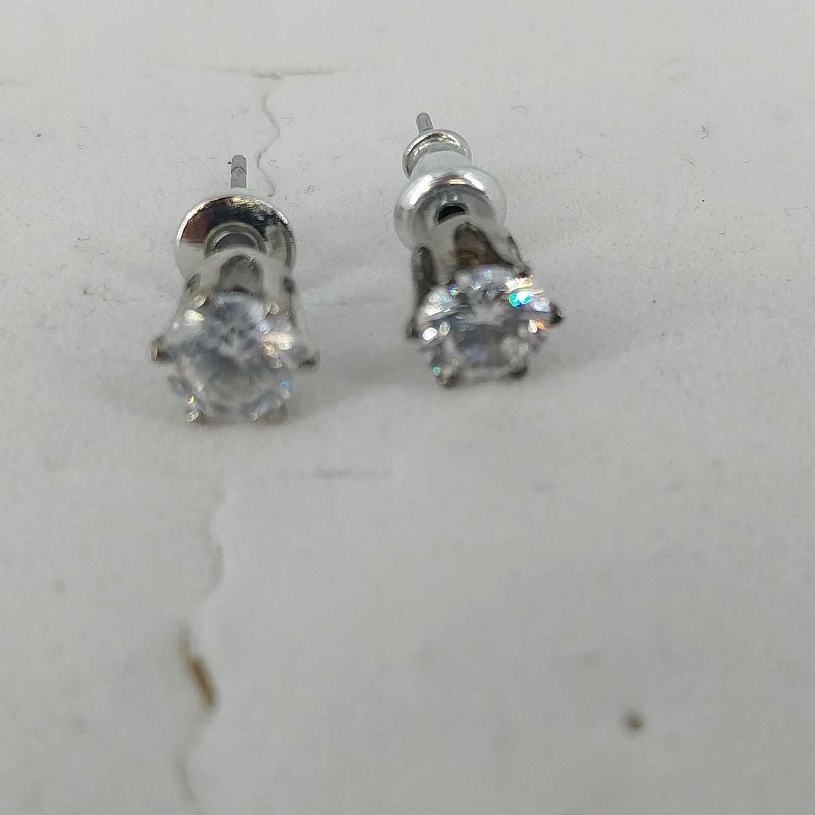 Round Clear Crystal Solitaire Stud Earrings Six Prong Silver Tone