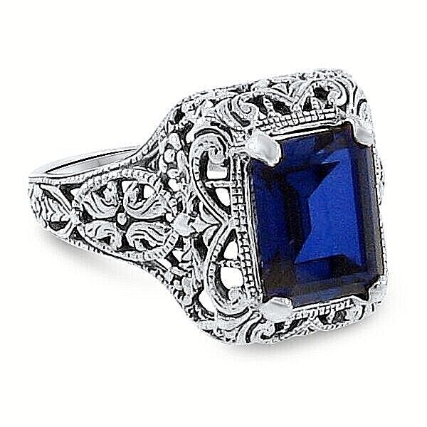 925 STERLING SILVER 4 Ct LAB-CREATED SAPPHIRE ART DECO STYLE FILIGREE RING #074
