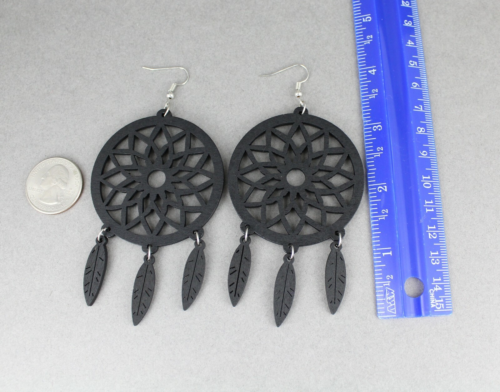 Black wood dream catcher feather earrings big lightweight leaf 4.25″ long