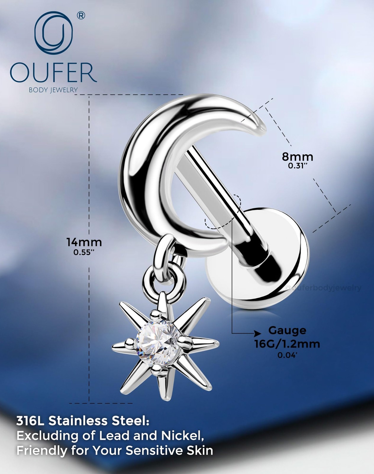 OUFER Body Piercing Dainty Helix Earring 16G Dangly 1.2*8mm, silver