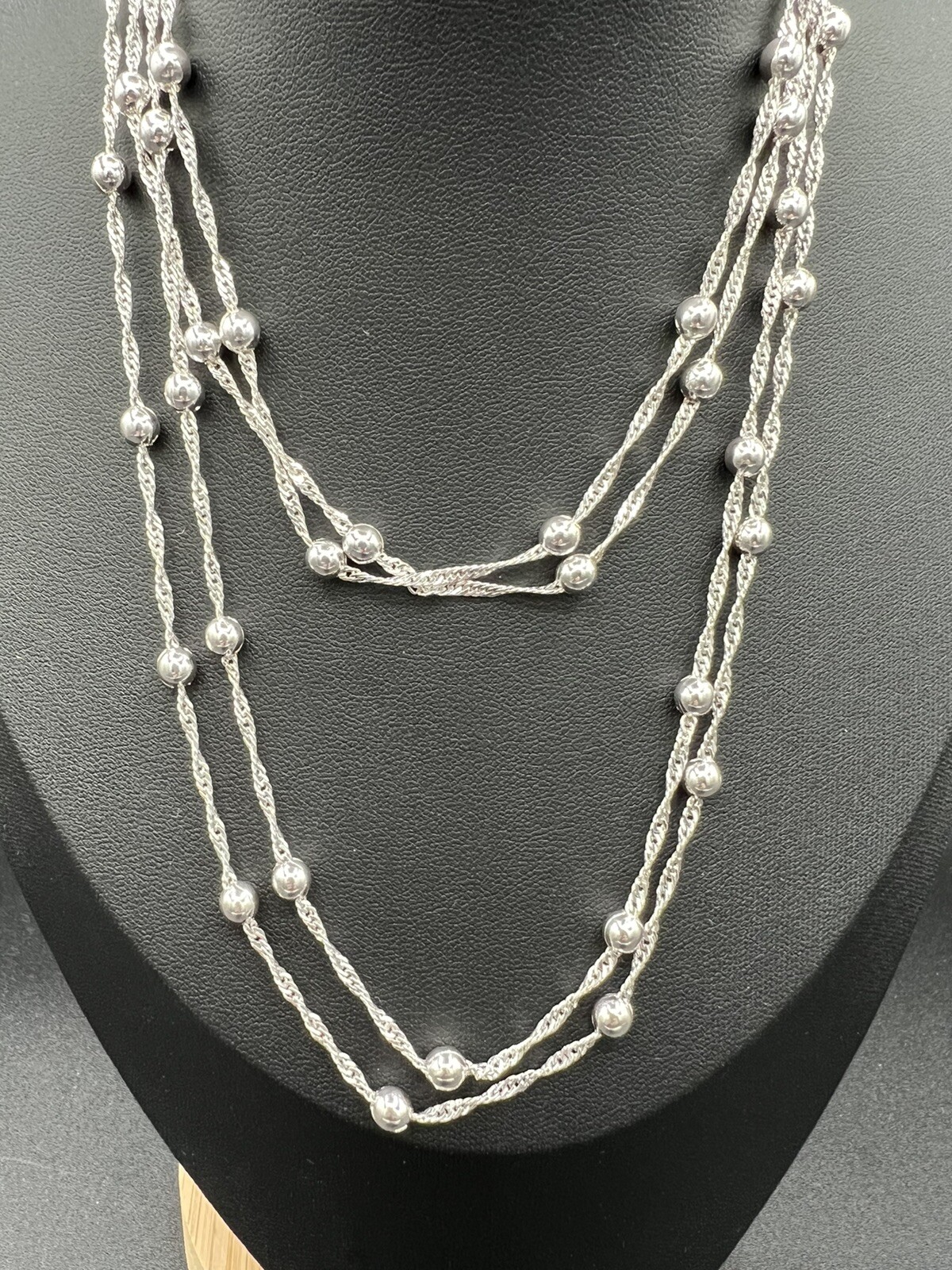 Silver Tone Necklace, Twisted Herringbone Chain With Silver Balls. 64”