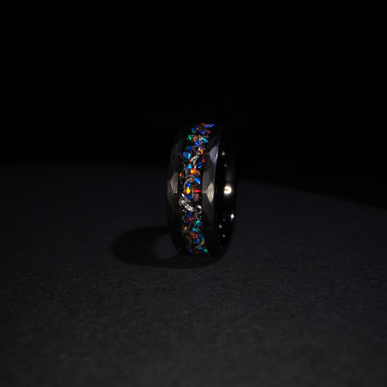8mm Meteorite & Galaxy Opal Hammered Black Tungsten Men’s Ring Wedding Band