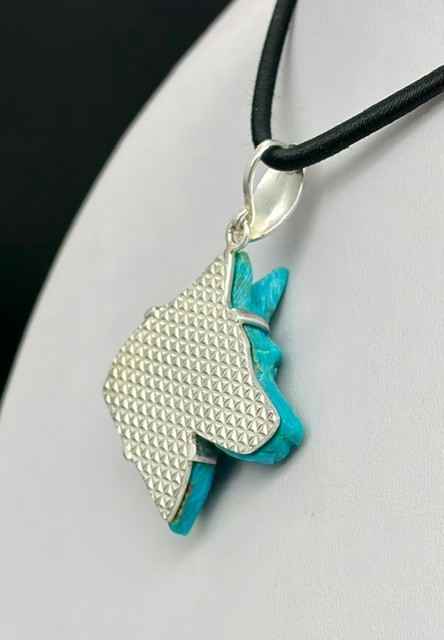 Natural Turquoise Handcrafted Wolf Head Pendant, On A 925 Sterling Silver Base.