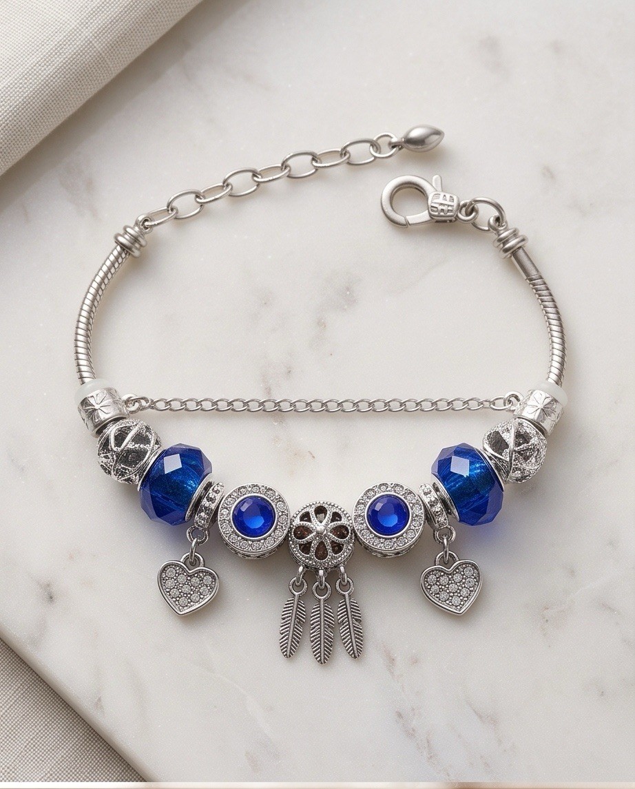 Silver Tone Snake Chain Charm Bracelet Blue Crystal Beads Heart Dangles