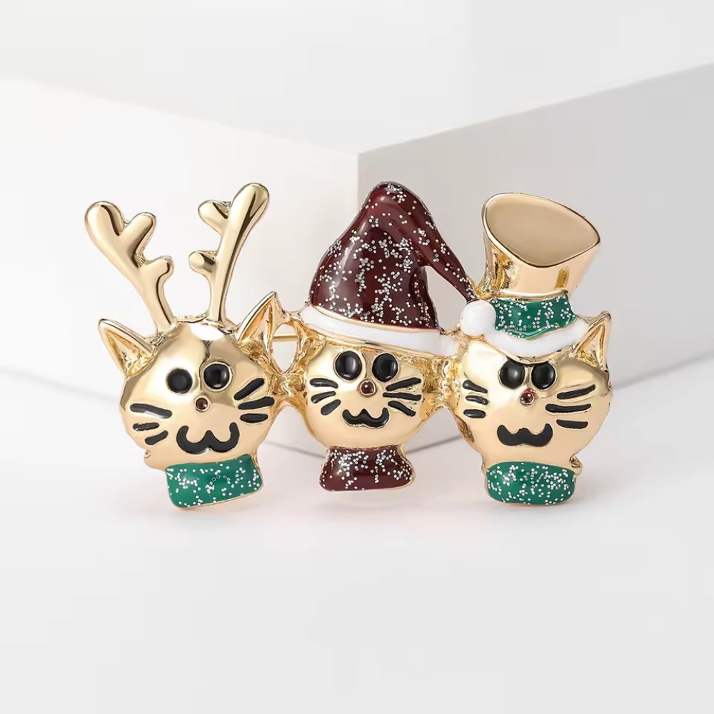 Cute Christmas Cat Brooch Enamel Whimsical Kitty Pin Holiday Animal Jewelry Gift