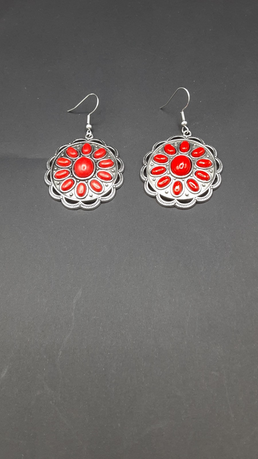 Red Howlite Necklace & Earrings Black Oxidized Silvertone, Stainless Steel 22In