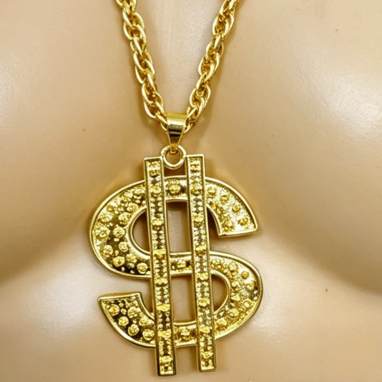 Oversized Gold Dollar Sign Pendant Long Chain Hip Hop Statement Necklace for Men