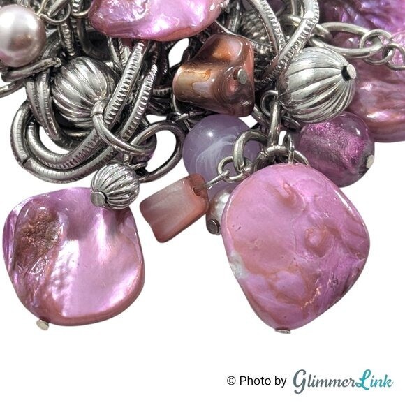 Silver Tone Bib Necklace with Pink Shell Chips Faux Pearls and Acrylic Beads