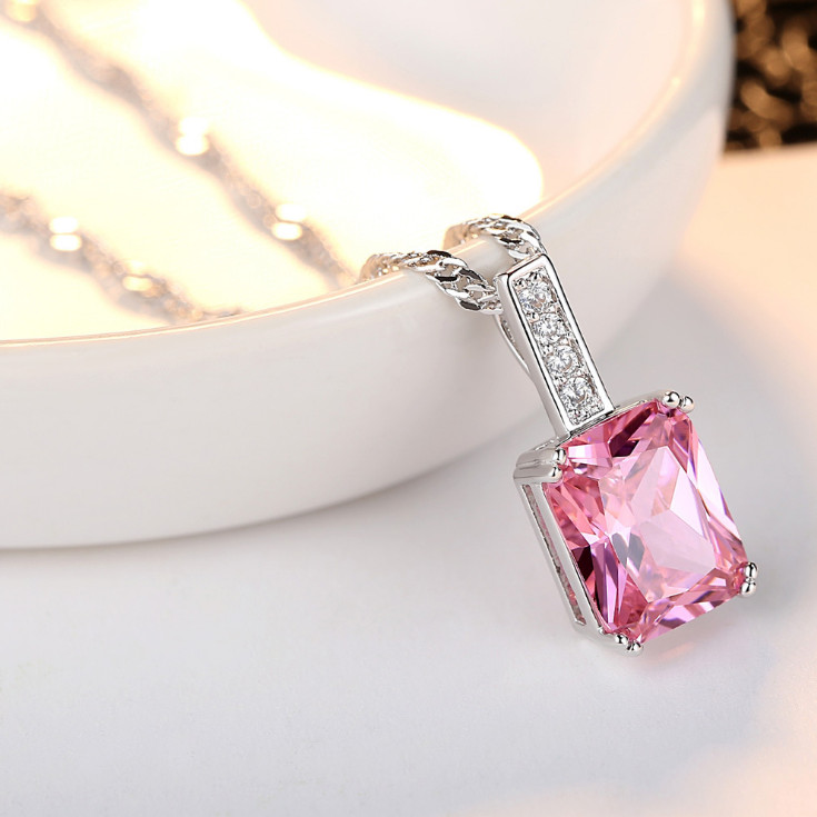 White Gold Square Pink Purple Blue Crystal CZ Pendant Necklace 18″ Chain Box S1