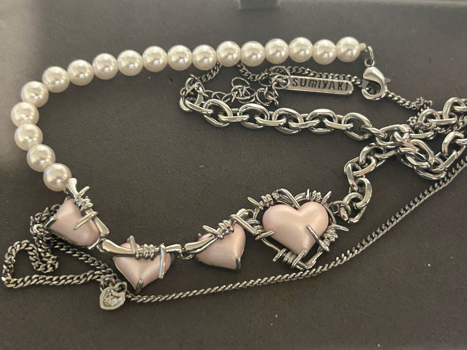 Signed SUMIYAKI Silver Tone Spiritual Necklace, Faux Pearl Pink Hearts.