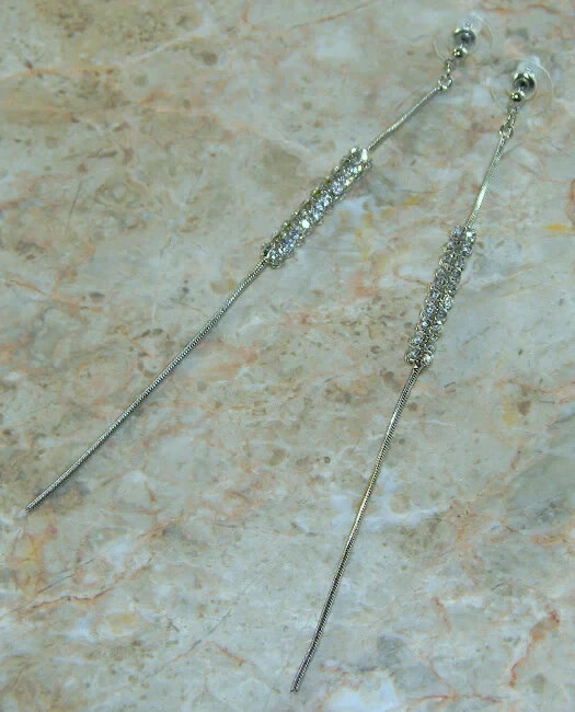 Long!! Shiny Crystals Silver Plated Earrings 4 1/4″ long