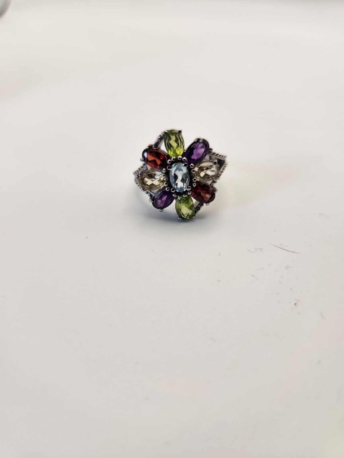 Multi Gemstone Flower Ring Size 7 Stainless Steel Amethyst Garnet Peridot Topaz