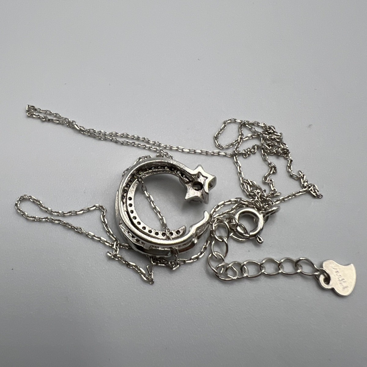 925 Sterling Silver Crescent Moon & Star Pendant Necklace with CZ Stones