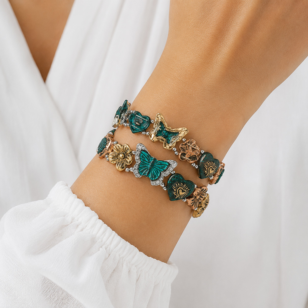 2PCS Vintage Butterfly Heart Floral Stretch Charm Bracelet Crystal Accent Green